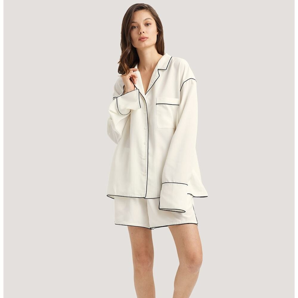 NAP Loungewear Idle PJ Set White Long Sleeve + Shorts Pajamas | Retail $88